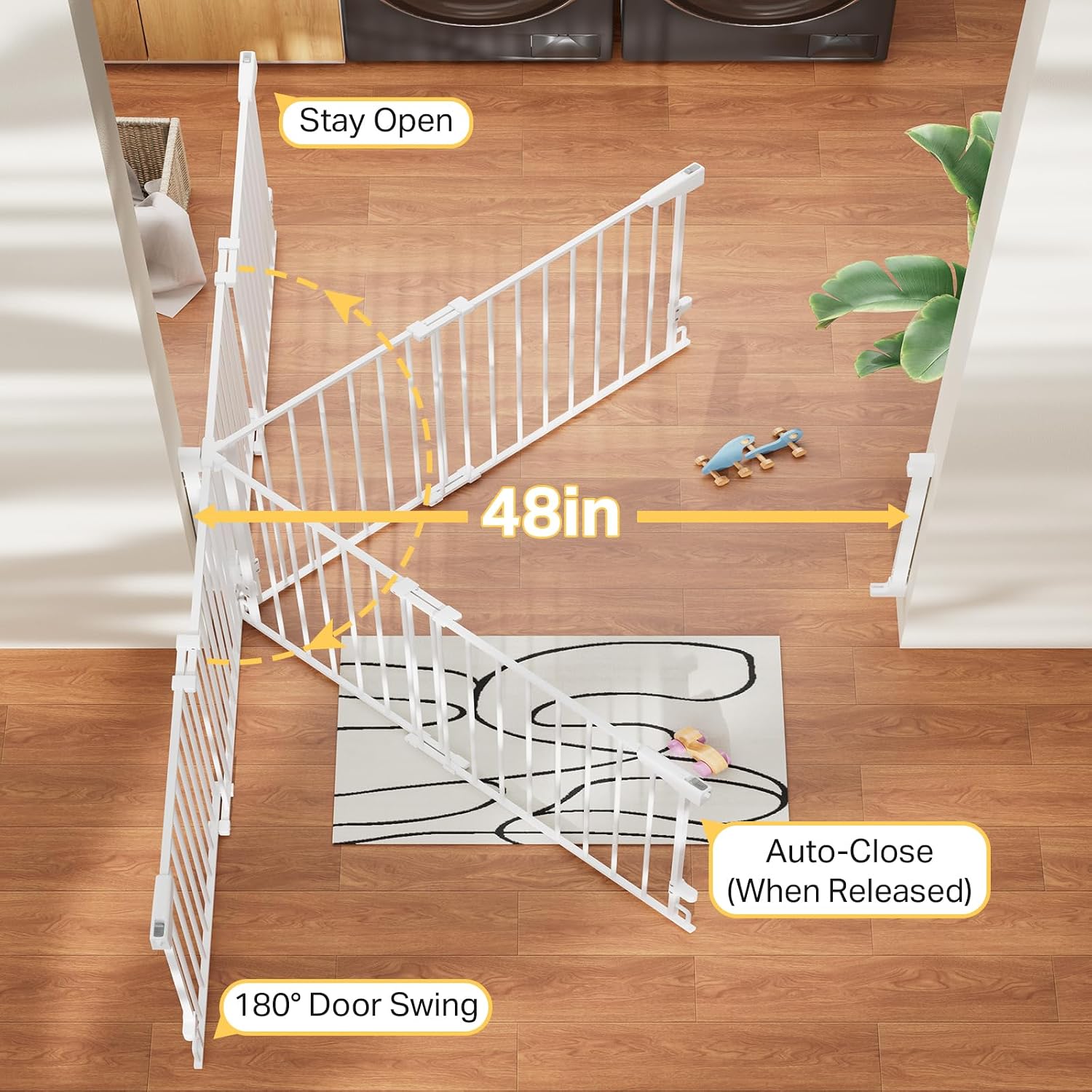 Cumbor Expandable 31.6-48 Baby Gate for Stairs, Hardware Mounted, 2-in-1 No Bottom Bar Dog Gate Indoor, Auto Close Pet Gate for Doorways with Large Walk Thru Door, Child-Proof Gate for Kids (White)